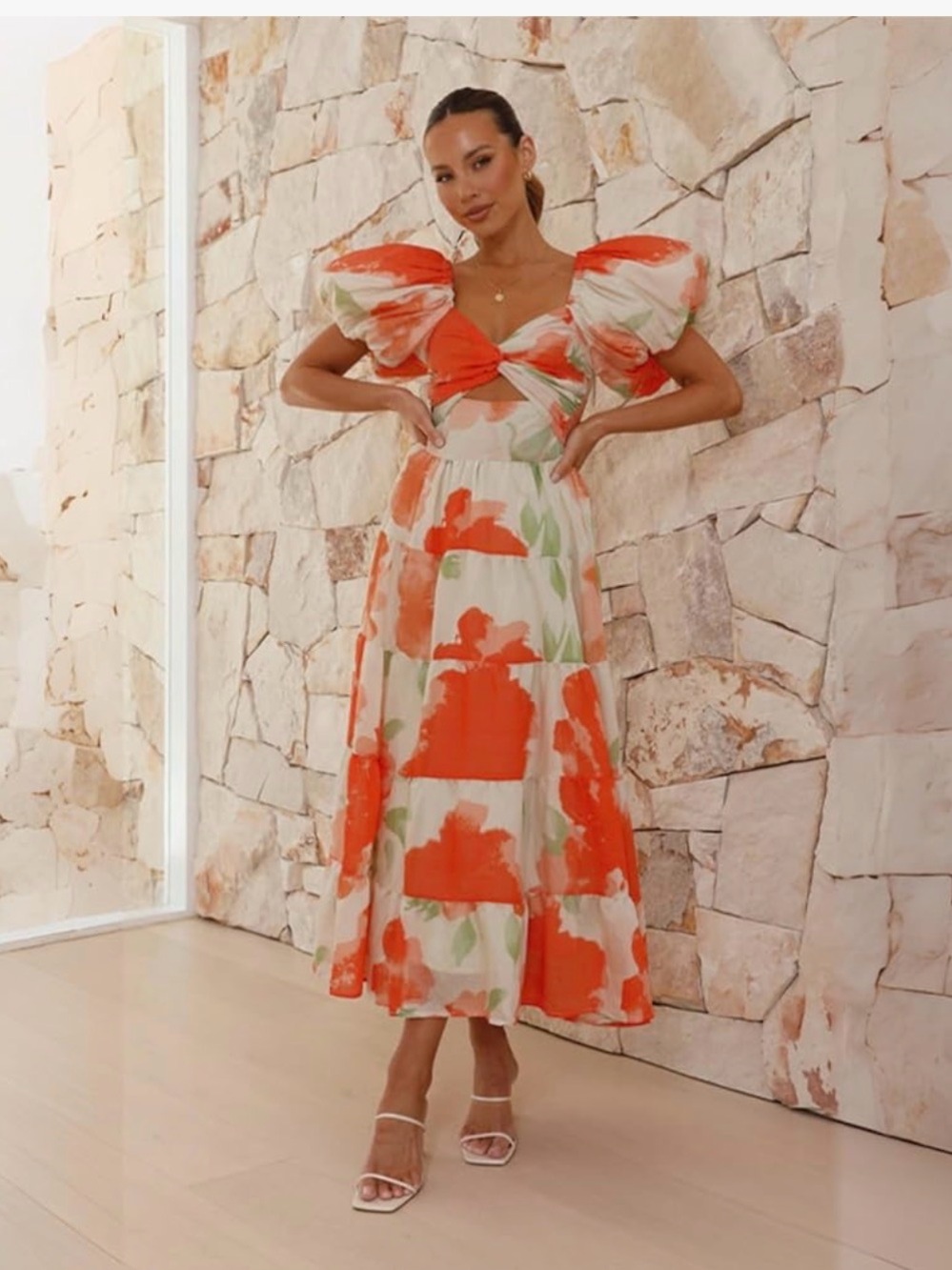 Zaful Floral Puff-Sleeve Midi Dress in Cream and Orange